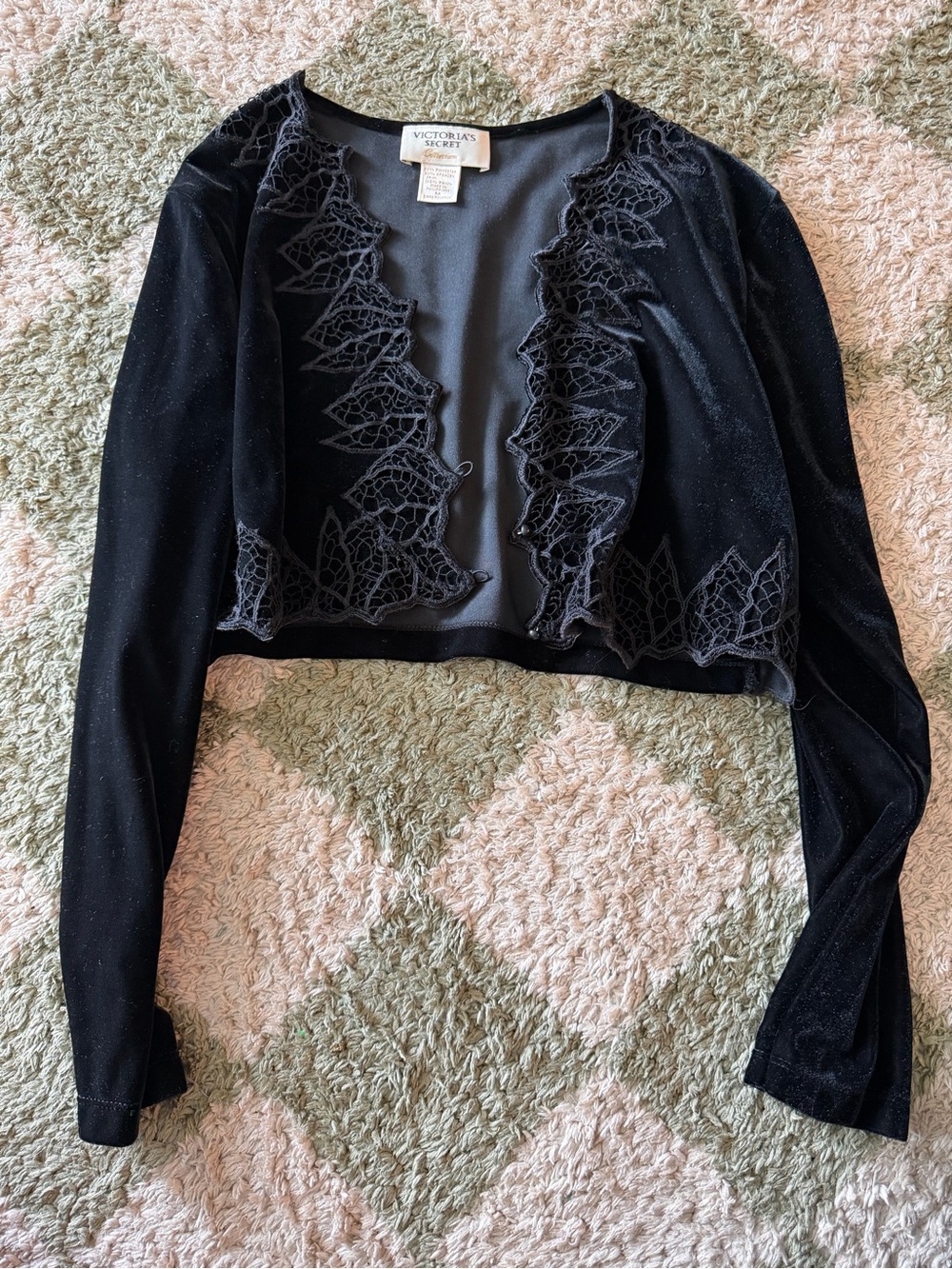 Vintage Victoria's Secret Black Velvet Cropped Cardigan with Lace Trim